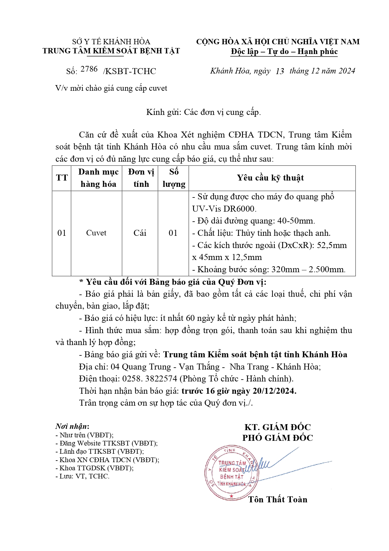 V/v mời chào giá cung cấp cuvet